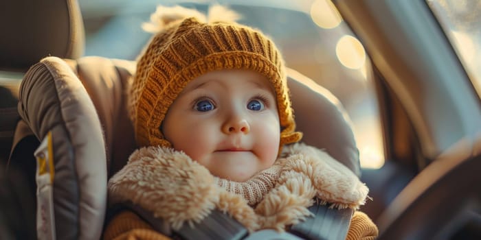 Little baby fastened with security belt in safety car seat. ai generated