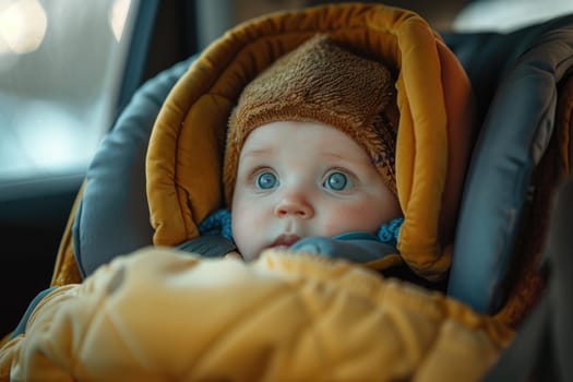 Little baby fastened with security belt in safety car seat. ai generated