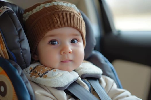 Little baby fastened with security belt in safety car seat. ai generated