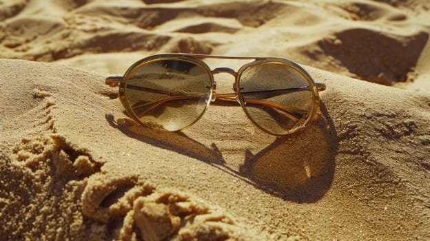 A fashionable pair of sunglasses made of transparent material sits atop a pile of sand on a beach, providing vision care and protection from the bright sunlight AIG50