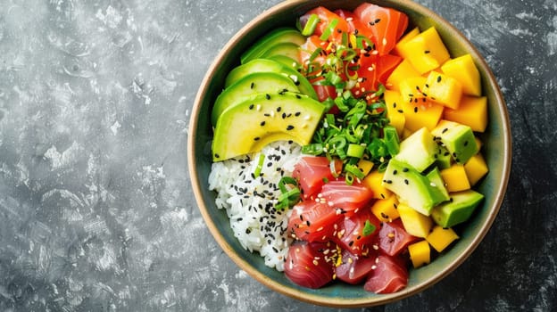 A delicious bowl of food with rice, avocado, salmon, and mango beautifully arranged on a table. A perfect blend of natural ingredients and vibrant flavors AIG50