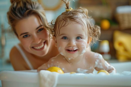 Mother bathing her cute little baby at home. ai generated