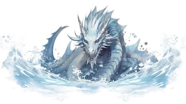 Aquatic dragon watercolor illustration - AI generated. Aquatic, dragon, blue, water, splash.