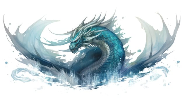 Aquatic dragon watercolor illustration - AI generated. Aquatic, dragon, blue, water, splash.