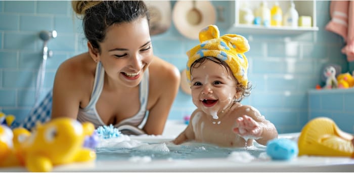 Mother bathing her cute little baby at home. ai generated