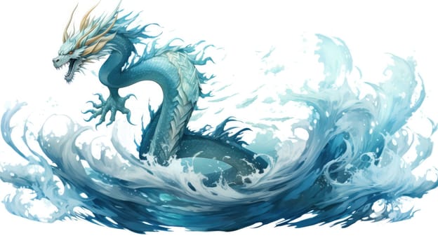 Aquatic dragon watercolor illustration - AI generated. Aquatic, dragon, blue, water, splash.