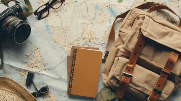 Artistic arrangement of a backpack, hat, camera, book, and map on a table. The visual arts composition includes patterns and textures, creating a unique and aesthetic display AIG50