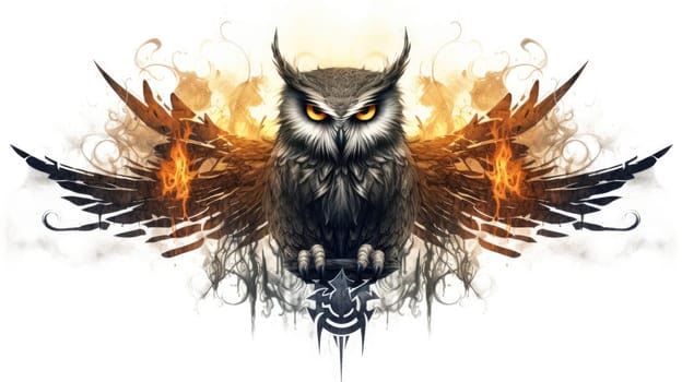 Arcane owl watercolor illustration - AI generated. Owl, eyes, curved, branch.