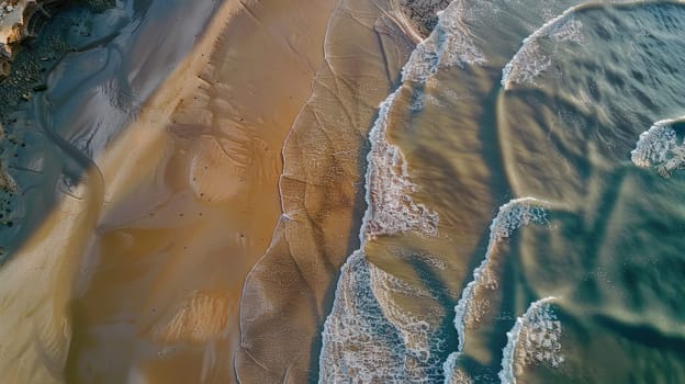 An aerial perspective of water waves crashing onto a sandy beach, showcasing a natural landscape with a stunning geological phenomenon in motion AIG50