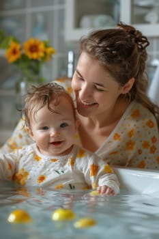 Mother bathing her cute little baby at home. ai generated