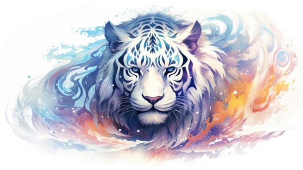 Astral tiger spirit watercolor illustration - AI generated. White, tiger, blue, eyes.