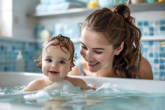 Mother bathing her cute little baby at home. ai generated