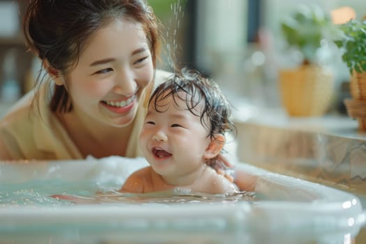 Mother bathing her cute little baby at home. ai generated