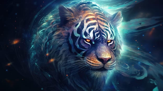 Astral tiger spirit watercolor illustration - AI generated. White, tiger, blue, eyes.