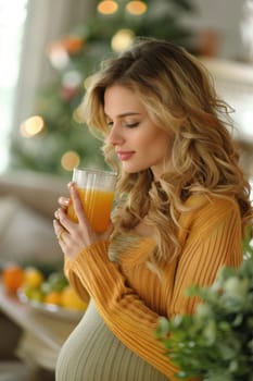 happy pregnant woman drinking green vegetable juice or smoothie at home. ai generated