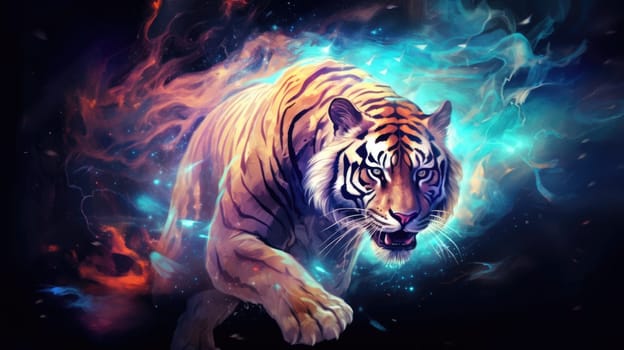 Astral tiger spirit watercolor illustration - AI generated. White, tiger, blue, eyes.