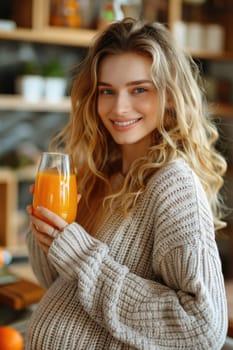 happy pregnant woman drinking green vegetable juice or smoothie at home. ai generated