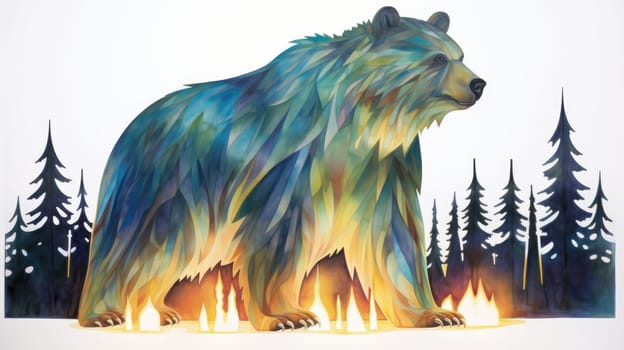 Aurora bear watercolor illustration - AI generated. Big, bear, tree, pines.