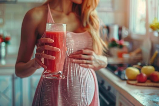 happy pregnant woman drinking green vegetable juice or smoothie at home. ai generated