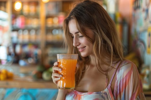 happy pregnant woman drinking green vegetable juice or smoothie at home. ai generated