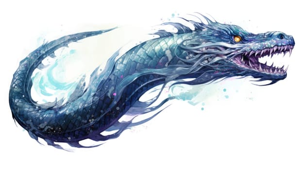 Celestial sea serpent watercolor illustration - AI generated. Blue, sea, serpent, teeth.