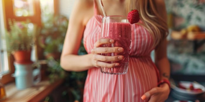 happy pregnant woman drinking green vegetable juice or smoothie at home. ai generated