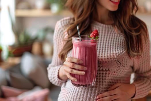 happy pregnant woman drinking green vegetable juice or smoothie at home. ai generated