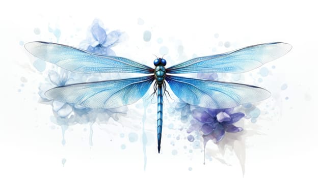 Cerulean Dragonfly watercolor illustration - AI generated. Blue, dragonfly, wings, flowers.
