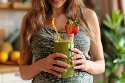 happy pregnant woman drinking green vegetable juice or smoothie at home. ai generated