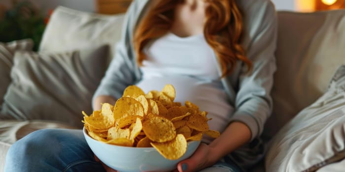 Pregnant woman sitting on the sofa enjoys eating potato chips from a bowl at home. ai generated