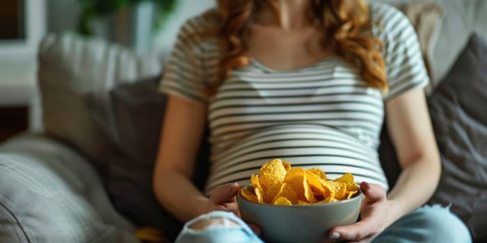 Pregnant woman sitting on the sofa enjoys eating potato chips from a bowl at home. ai generated