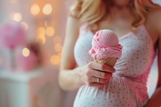 pregnant young woman eating ice cream cone. ai generated