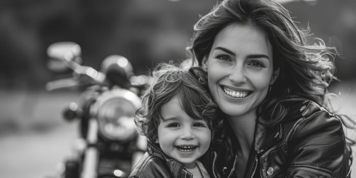 smiling woman wearing leather jacket and her toddler , motorbike in the background. ai generated