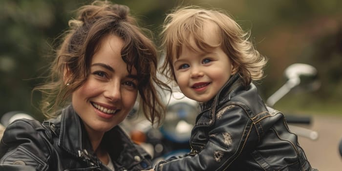 smiling woman wearing leather jacket and her toddler , motorbike in the background. ai generated