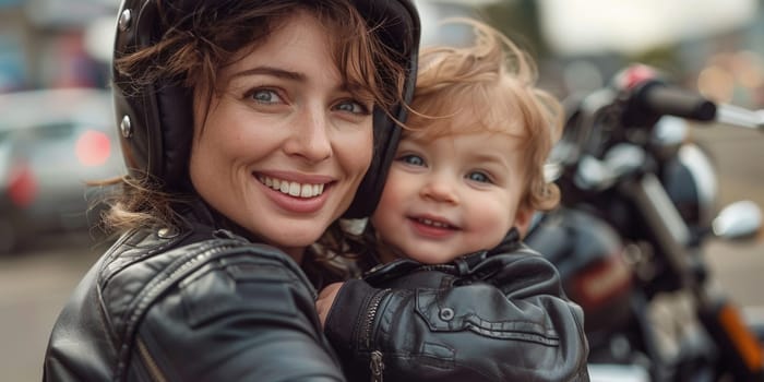 smiling woman wearing leather jacket and her toddler , motorbike in the background. ai generated