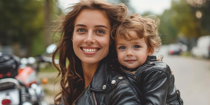 smiling woman wearing leather jacket and her toddler , motorbike in the background. ai generated