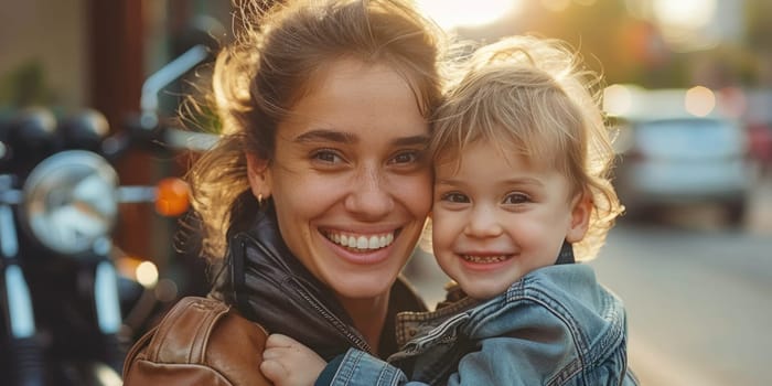 smiling woman wearing leather jacket and her toddler , motorbike in the background. ai generated