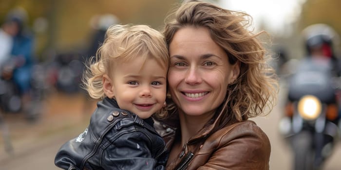 smiling woman wearing leather jacket and her toddler , motorbike in the background. ai generated