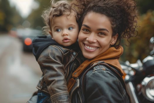 smiling woman wearing leather jacket and her toddler , motorbike in the background. ai generated