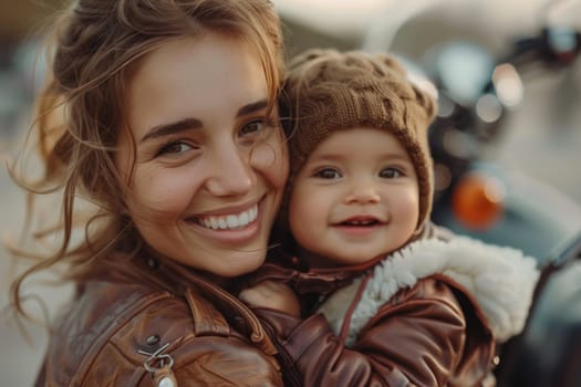 smiling woman wearing leather jacket and her toddler , motorbike in the background. ai generated