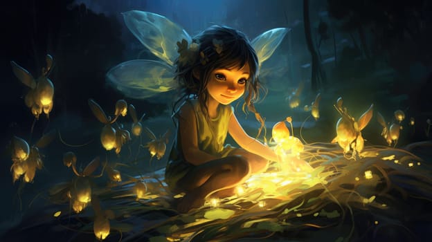 Firefly swarm pixie watercolor illustration - AI generated. Little, girl, pixie, fly, light.