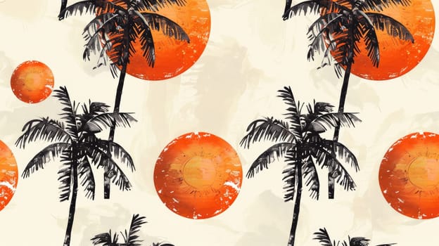A seamless pattern of palm trees and suns in electric blue on a white background. This artistic design showcases symmetry and creative arts AIG50