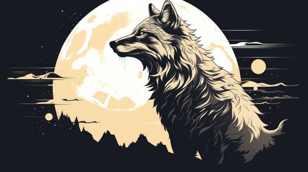 Lunar wolf watercolor illustration - AI generated. White, grey, wolf, moon.