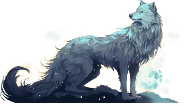 Lunar wolf watercolor illustration - AI generated. White, grey, wolf, moon.