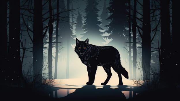 Shadow lynx stalker watercolor illustration - AI generated. Lynx, night, misty, woodland.