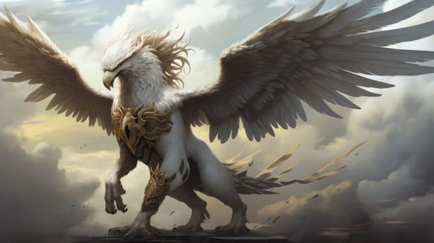 Stormy griffin aegis watercolor illustration - AI generated. Griffin, wings, storm, cloud.