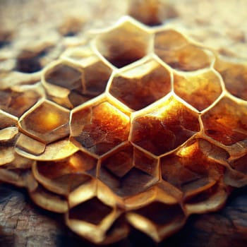 Abstract background design: Honeycomb on a wooden surface. Shallow depth of field