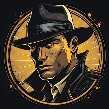 A man wearing a Fedora hat is depicted in a circle on a black background, resembling a private investigator character from a noir fiction painting
