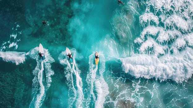 A group of surfers are gliding on an azure wave in the electric blue ocean, surrounded by liquid beauty of the natural landscape AIG50