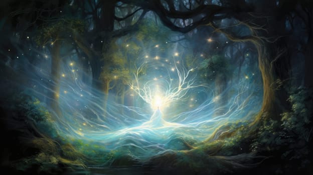 Whispering wisp enchantress watercolor illustration - AI generated. Girl, enchantress, woods, glowing, light.